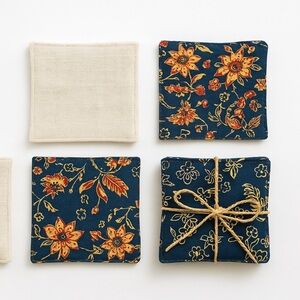 Brand New Floral Coasters Set with Blue and Orange Design